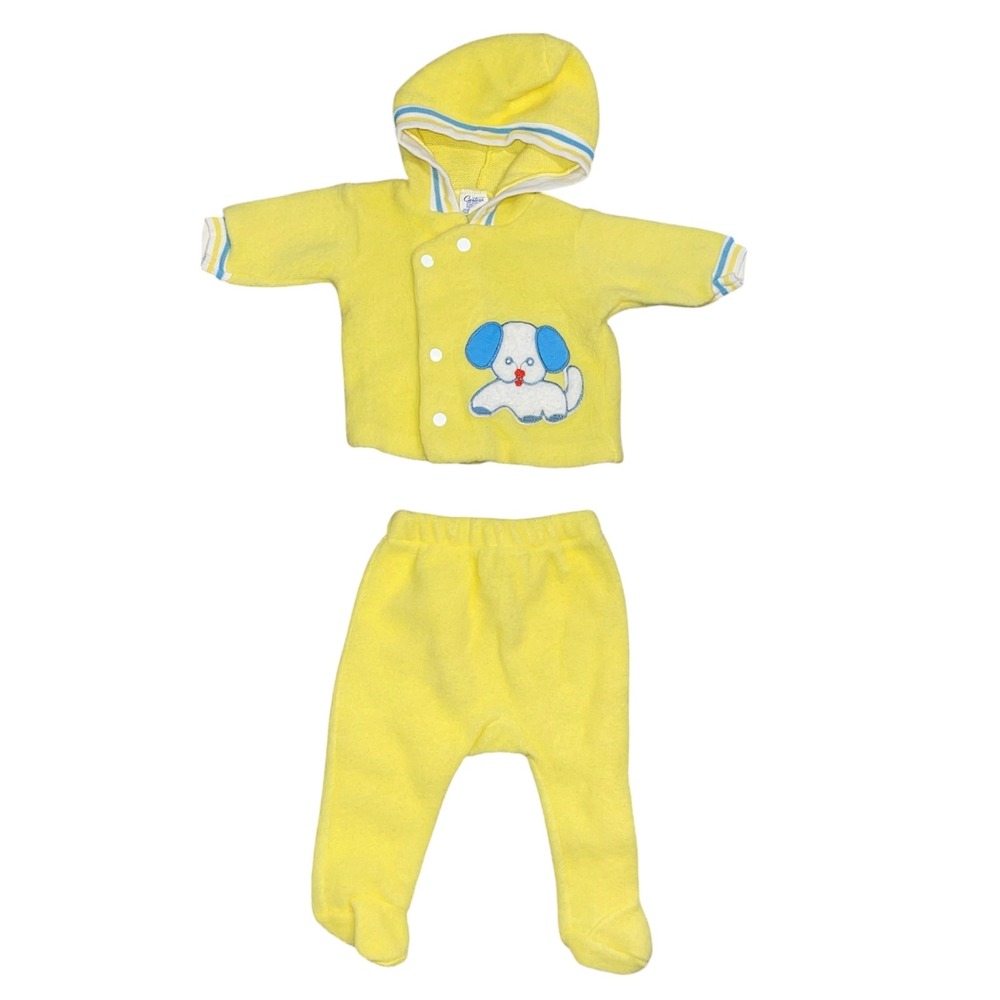Vintage Carters Baby Yellow Puppy Hooded Jacket and Footed Pants Set 3 Months